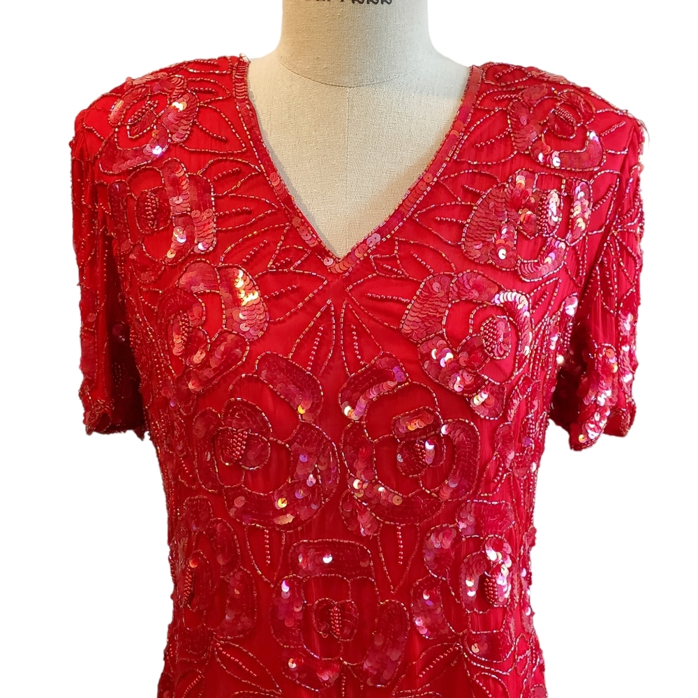 Papell Boutique Evening Sequin Red Silk Blouse Size M Vintage